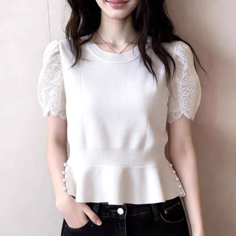 Fashionable And Elegant Patchwork Lace Short-sleeve Knit Top