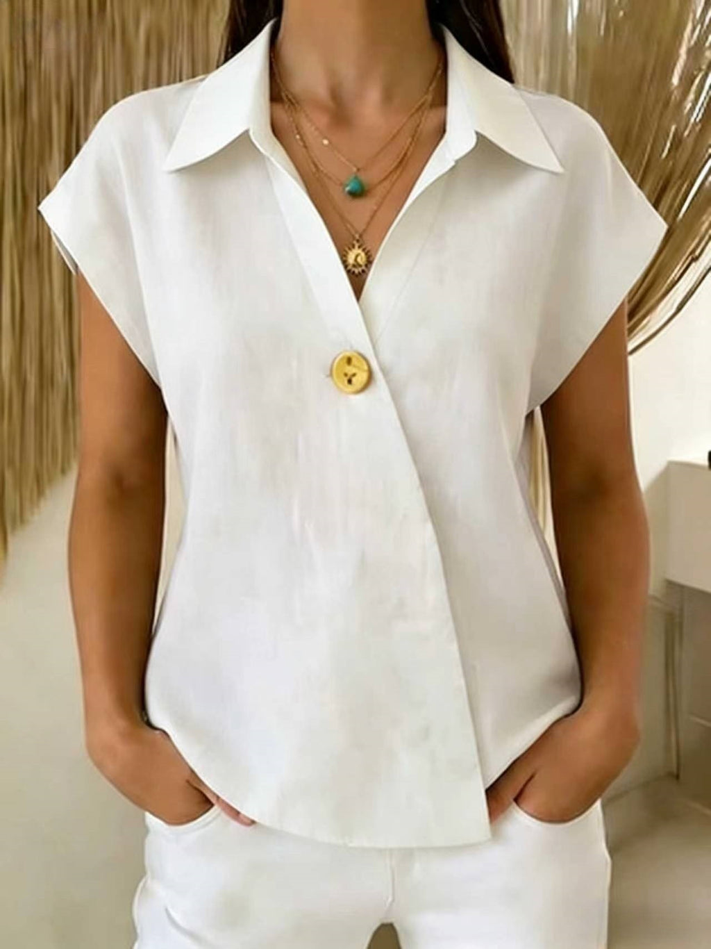Loose-fitting Casual Lapel-button Top