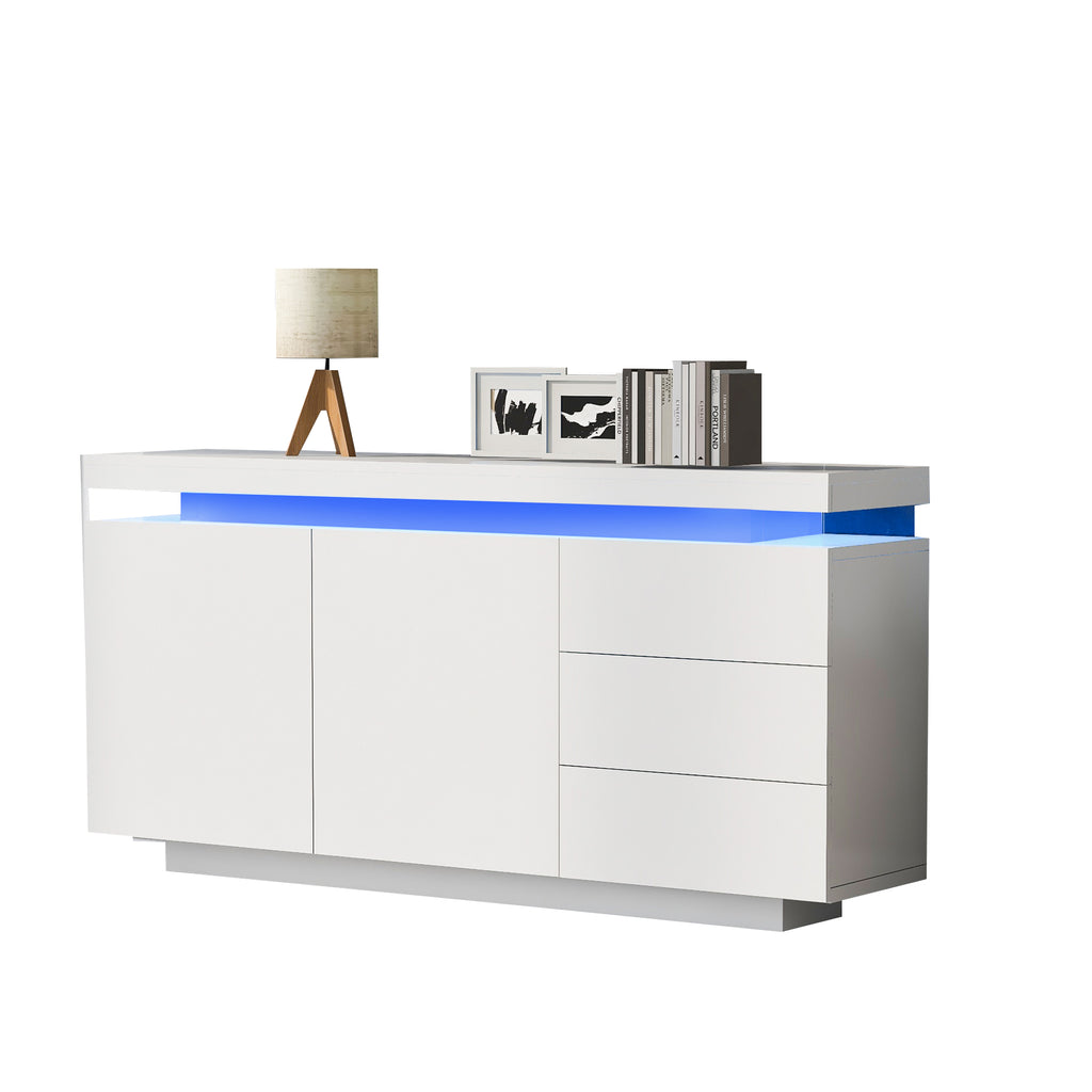 306338342WAA Modern Living Room Sideboard High-Gloss Cabinet With 2 Doors & 3 Drawers, LED Lighting, Handle-Free Design 140x35x72.5cm White