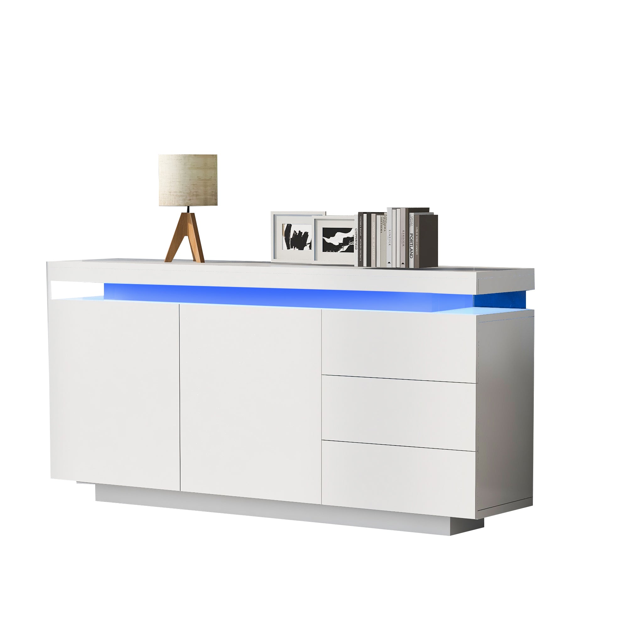 306338342WAA Modern Living Room Sideboard High-Gloss Cabinet With 2 Doors & 3 Drawers, LED Lighting, Handle-Free Design 140x35x72.5cm White