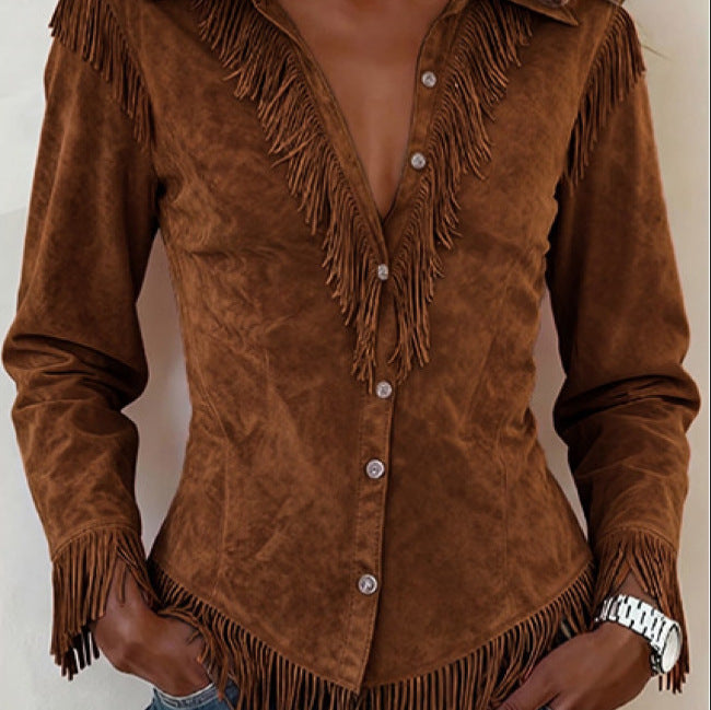 Western Cowboy-Style Suede Fringe Slim-Fit Long-Sleeve Shirt