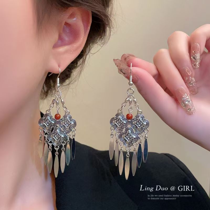 Ethnic Tibetan Silver Long Tassel Dangle Earrings For Women, Retro Exaggerated Miao Silver Exotic High-grade Temperament Ear Jewelry