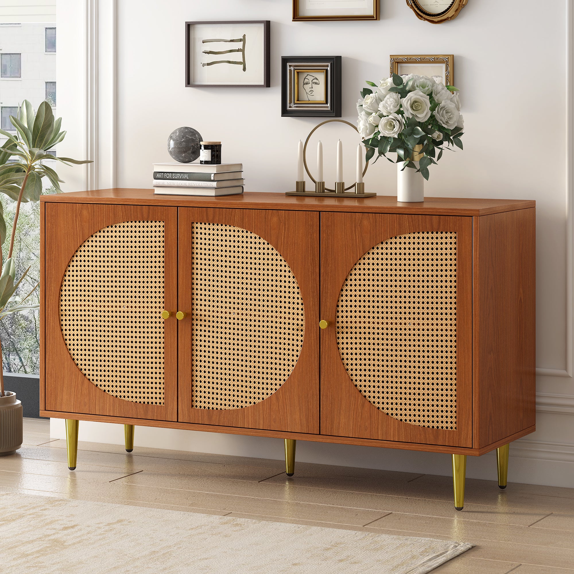Sideboard With 3 Rattan Decorated Doors Chest Of Drawers Highboard With Metal Handles, For Bedroom & Living Rooms & Office, Walnut 129.8x 40x 76cm