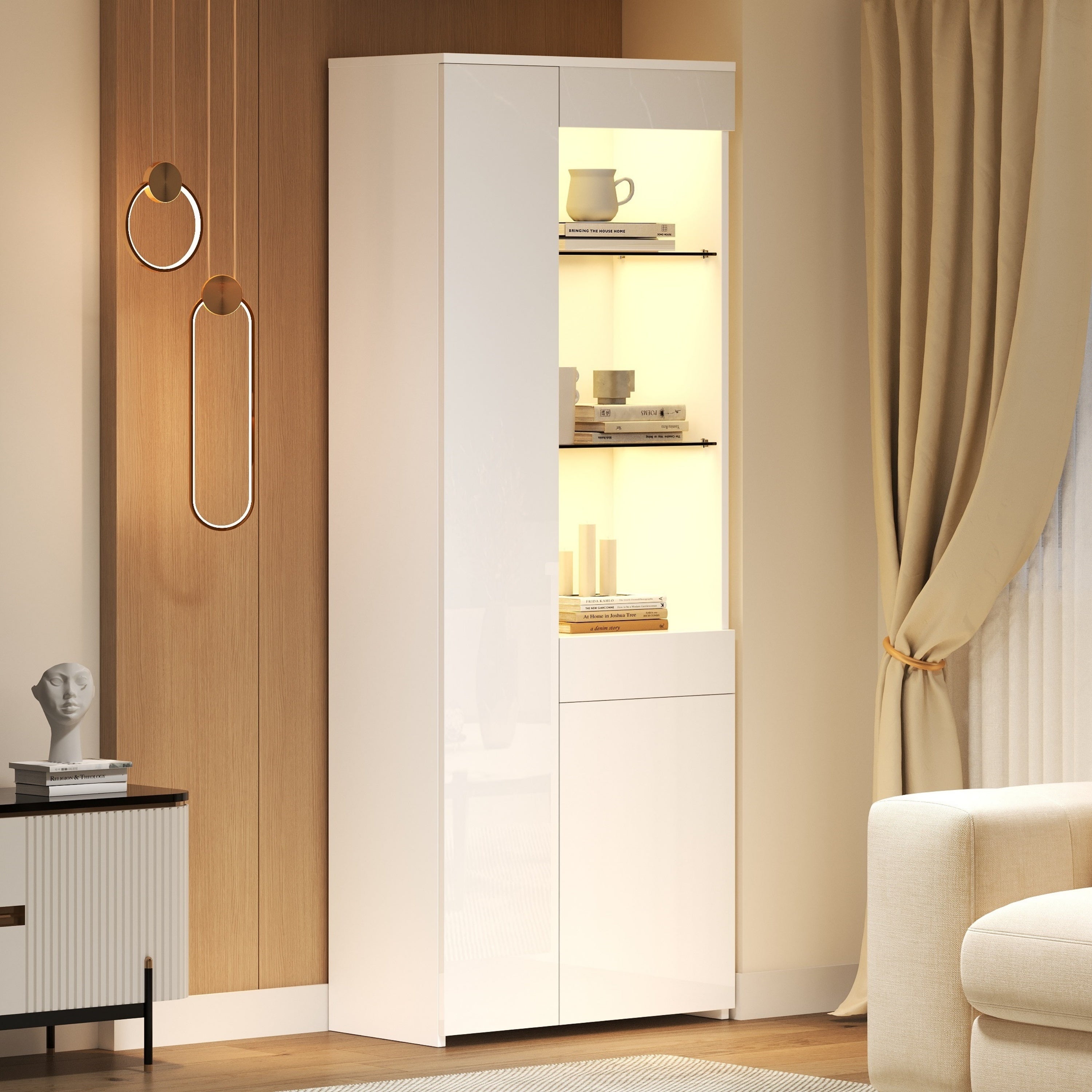 70x35x180cm Display Cabinet With Drawers, Display Case High Gloss, Glass Display Case With LED Lighting, Tall Cabinet, Highboard With Cabinet, Standing Display Case, Partition Wall Storage,