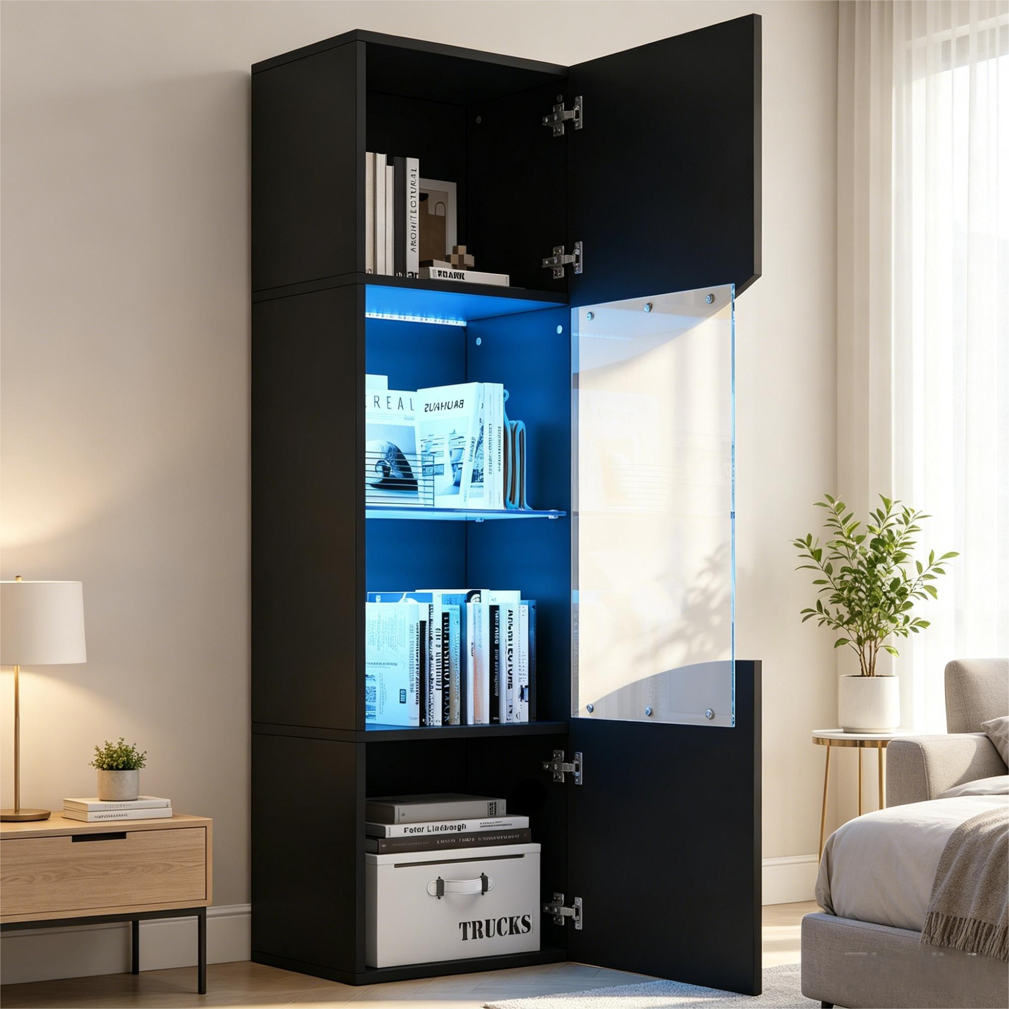 35X50X165cm Living Room Display Cabinet,High Gloss Display Cabinet  Cabinet Doors , Tall Cabinet With Large Storage And LED Lighting.Concave Arc Wave Surface Design,Black