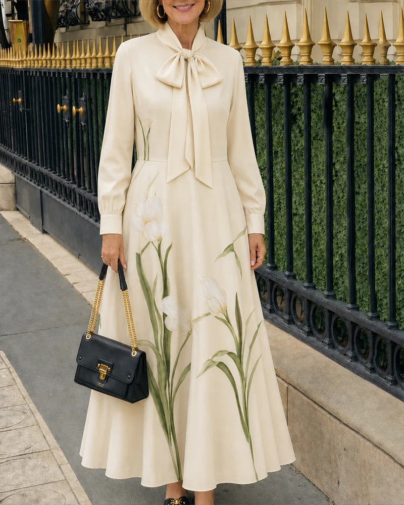 Springautumn Long-sleeve Puff-sleeve Dress With Bow Details At The Hem