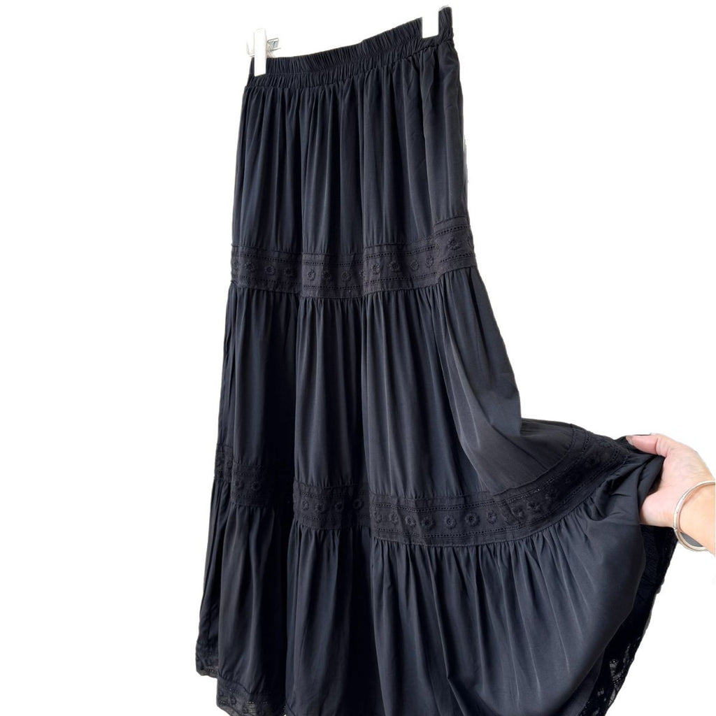 Versatile Floral Embroidered Lace Trim Midi Skirt