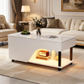 50 X 100 X 46cm Height Adjustable Living Room Coffee Table,Side Table With Hidden Storage,Openwork Coffee Table,High Gloss LED Sofa Table,Tea Table With Side Shelf,White