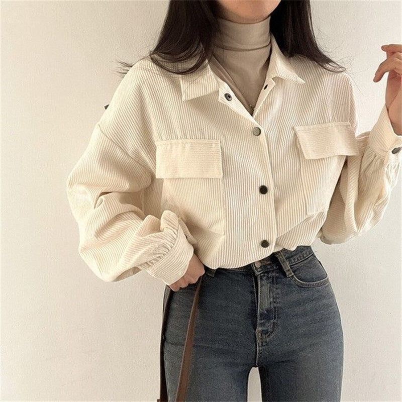 Notch-collar Cropped Drawstring Long-sleeve Shirt Corduroy Jacket