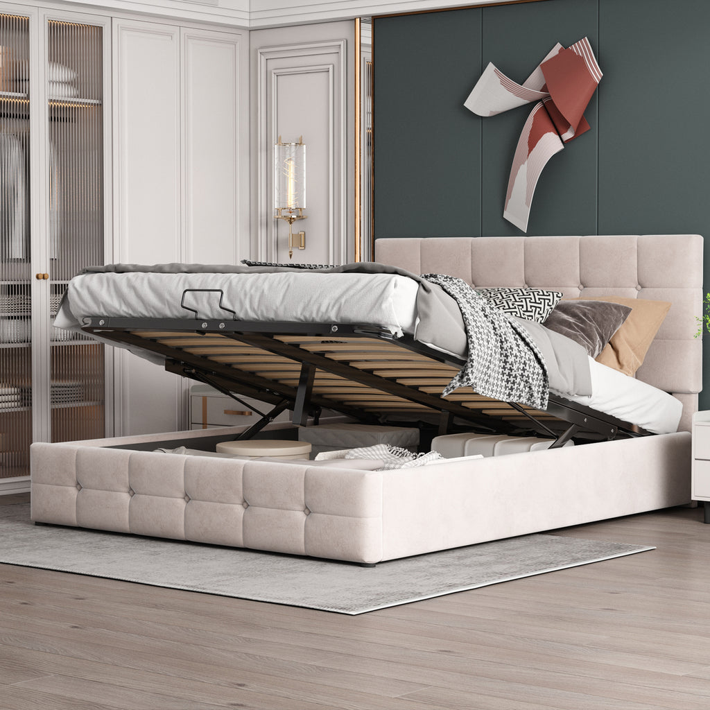 Upholstered Bed 140x200 Cm, Double Bed With Hydraulic Storage Lift, Height-adjustable Upholstered Headboard, Metal Slatted Base, Skin-friendly Velvet Fabric Suitable For Adults And Teens, Cream-whi