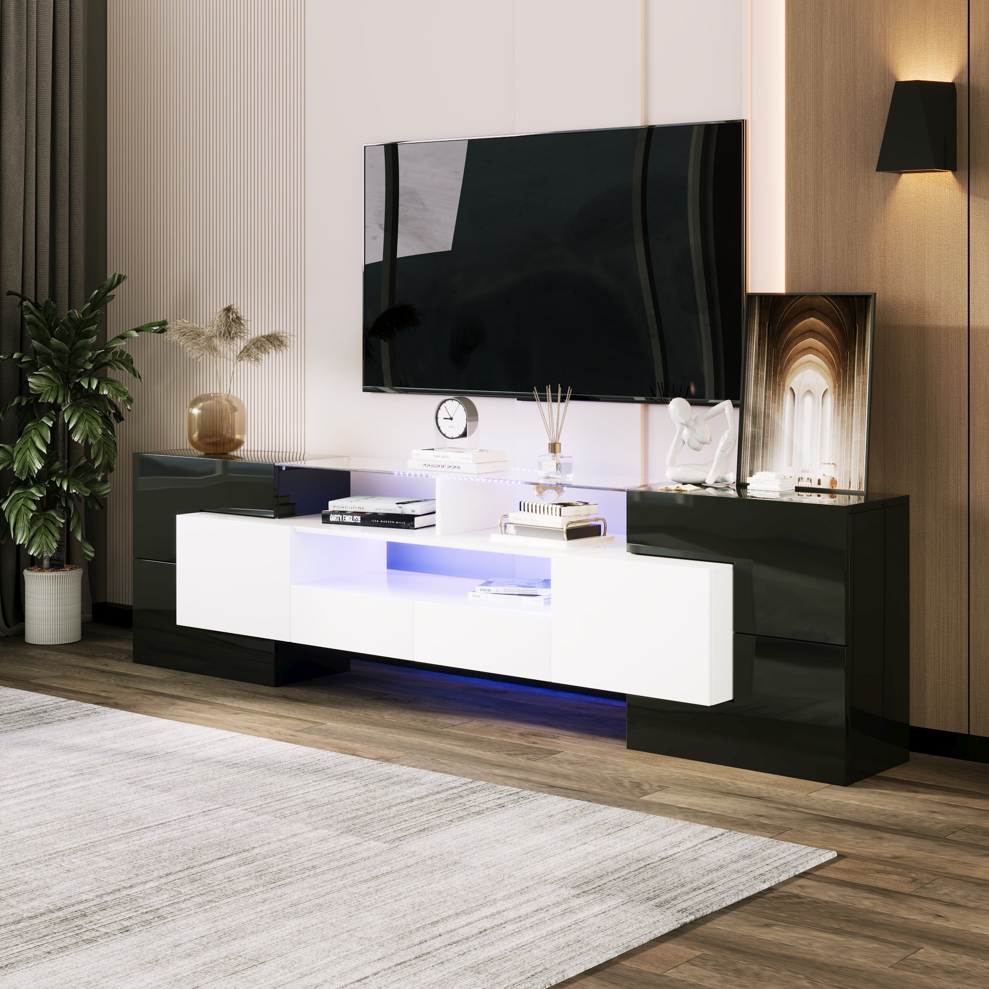 Stylish TV Cabinet, Low Panel. High Gloss White And Black, 200 Cm, LED Lighting For Living Room Furniture. Modern Design. Elegant Glass Surface
