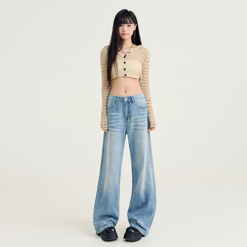 Womens Light-blue Washed Wide-leg Jeans