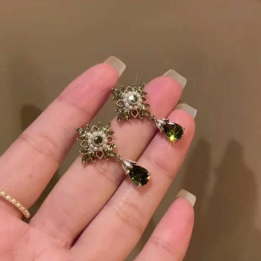 Vintage Exquisite Zircon & Pearl Floral Earrings For Women, Elegant High-End Versatile Teardrop Pendant Stud Ear Jewelry