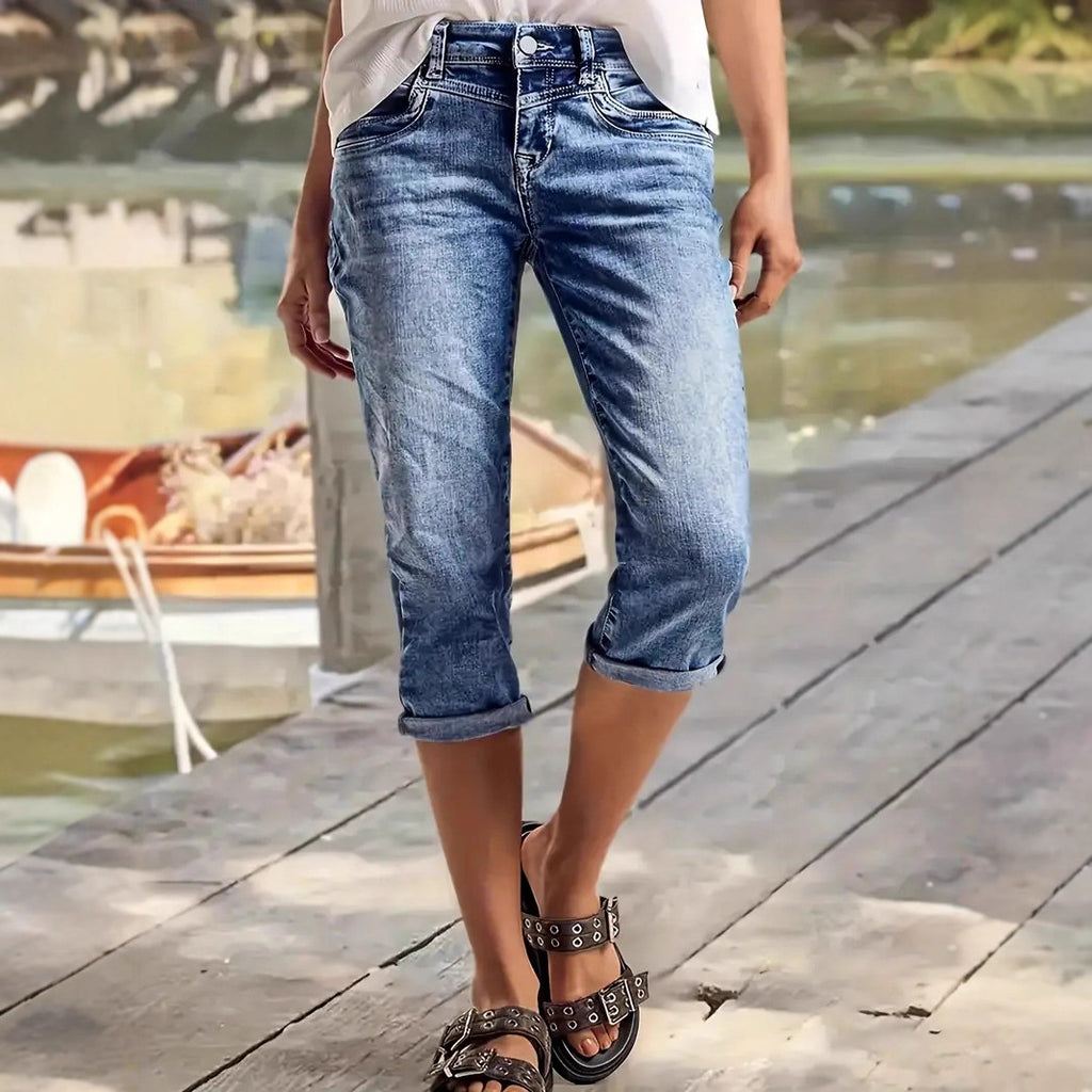 Crafted Wash Cuffed Hem Versatile Denim Mid-length Shorts
