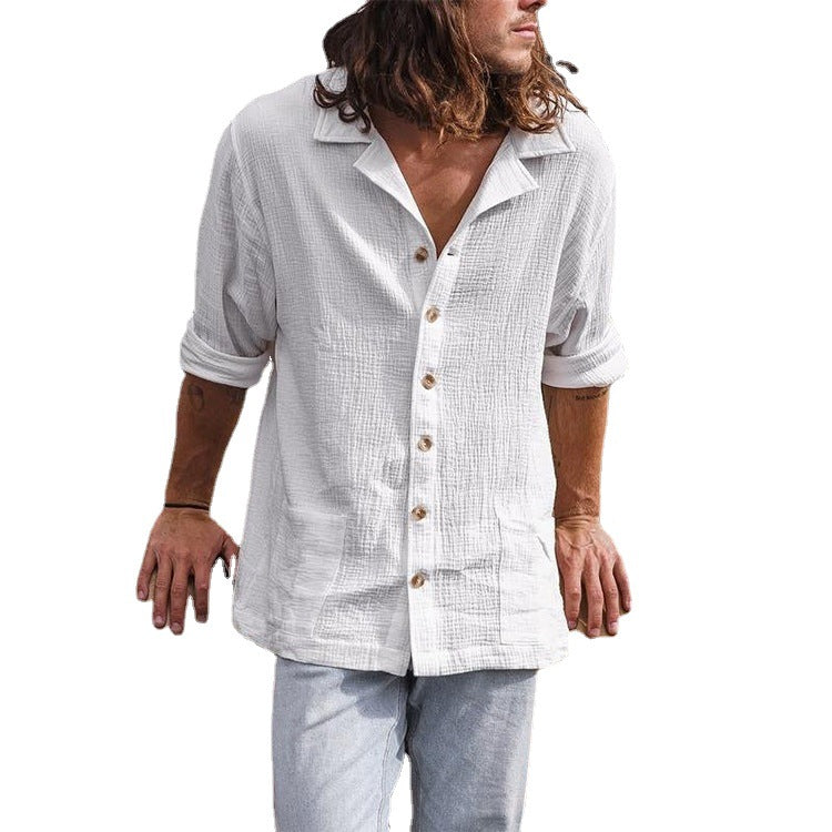 Double-layered Pleated Mens Relaxed-fit Casual Long-sleeve Shirt With A Cuban Collar