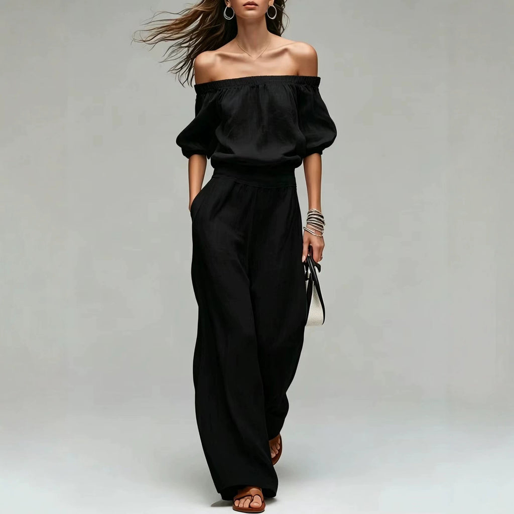 Cinched-top Blouse And Linen-textured Wide-leg Pants Set