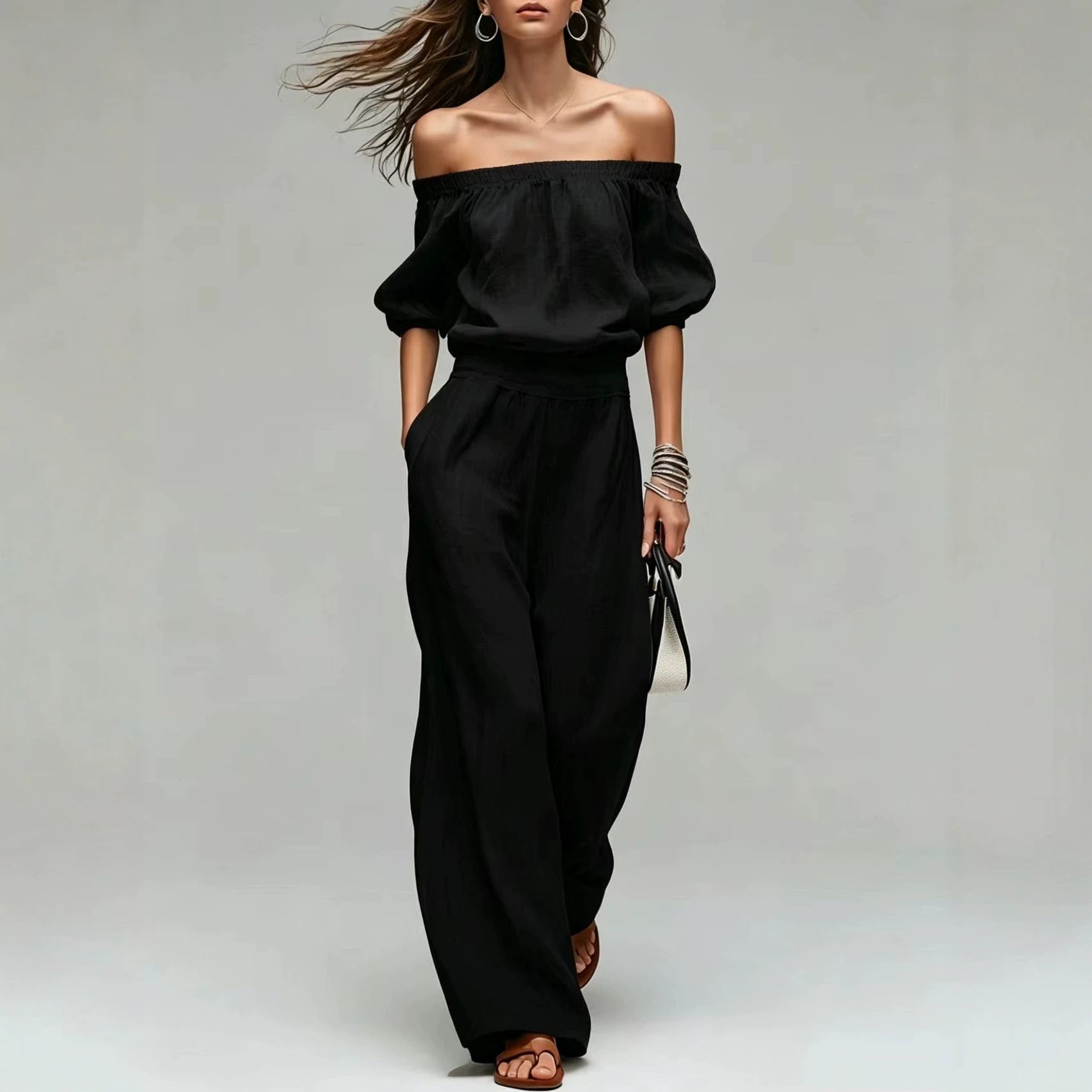 Cinched-top Blouse And Linen-textured Wide-leg Pants Set