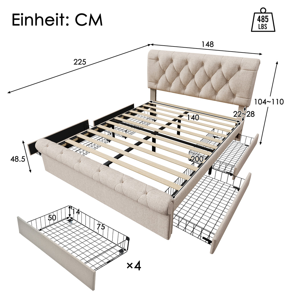 Doppelbett Polsterbett 140x200cm, Bettgestell Mit 4 Schubladen Und Hohenverstellbarem Kopfteil, Chesterfield Funktionsbett, Naturlich,Mit Matratze