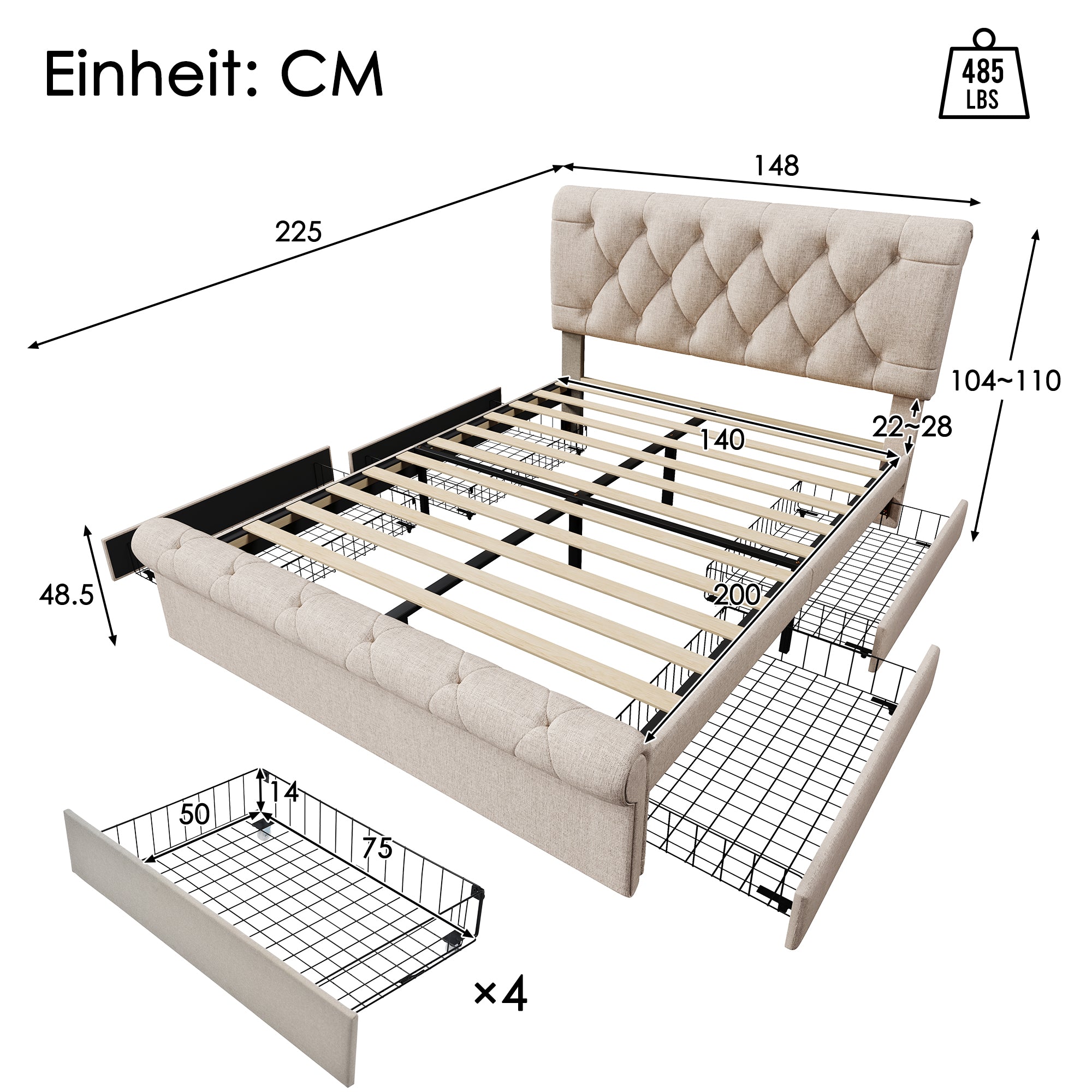 Doppelbett Polsterbett 140x200cm, Bettgestell Mit 4 Schubladen Und Hohenverstellbarem Kopfteil, Chesterfield Funktionsbett, Naturlich,Mit Matratze