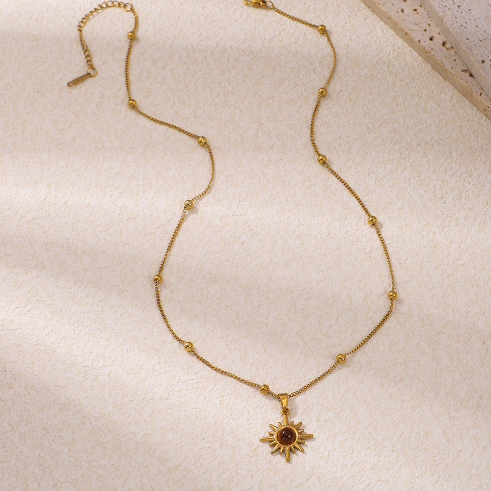Stainless Steel Side-clamping Beaded Chain Paired With Stainless Steel Tiger's Eye Stone Pendant Necklace