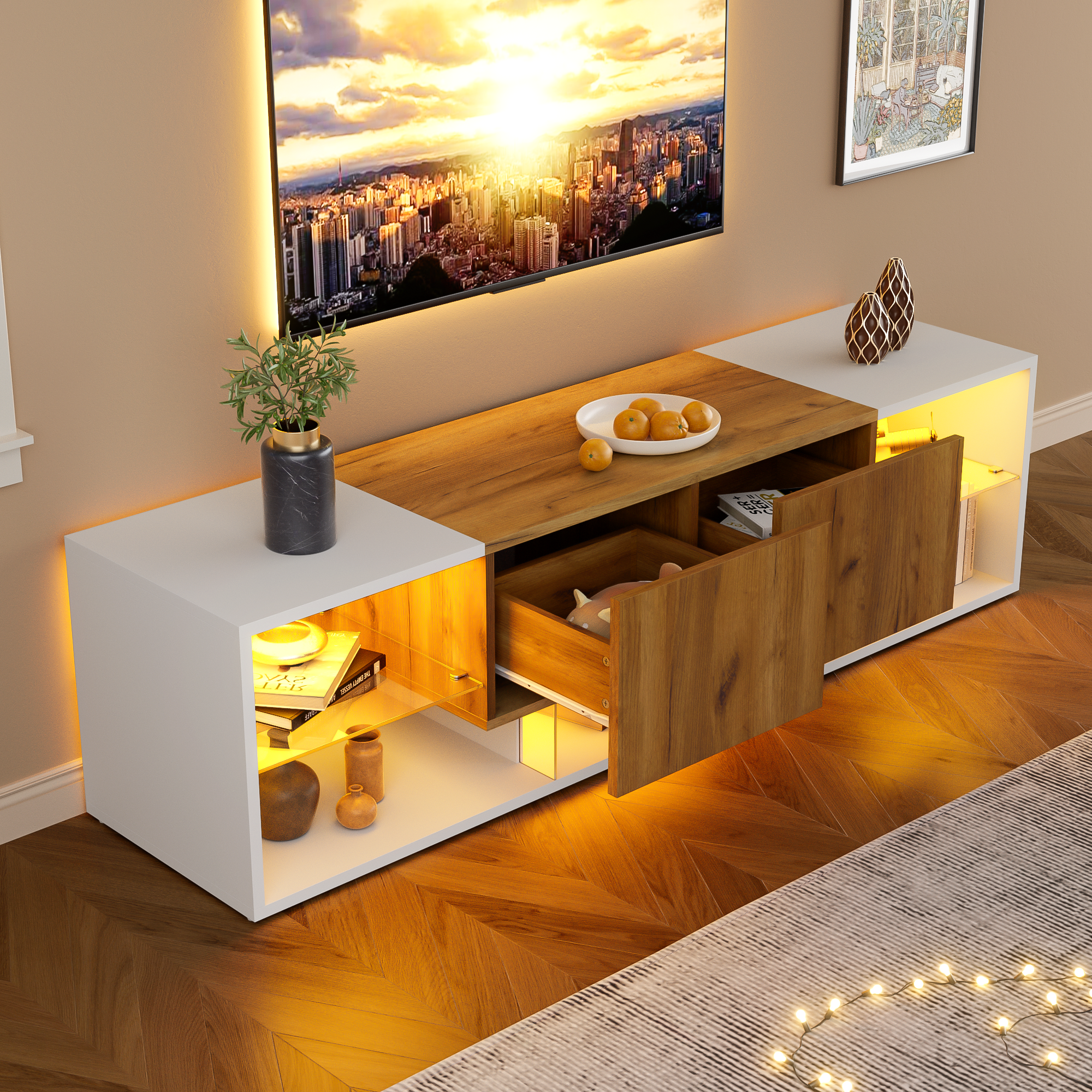3 Tier TV Console Cabinet For TVs Up To 70, Modern TV Console Entertainment Center With Glass Top Storage Platform And 2 Drawers, TV Stand, Suitable For Living Room, Bedroom, White