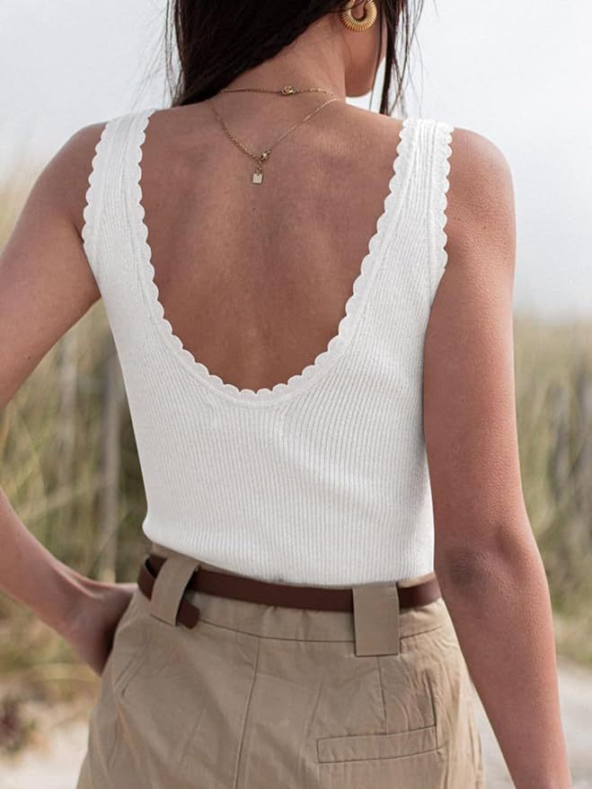 U-necked Backless Lace-trimmed Rib-knit Summer Sweater Vest