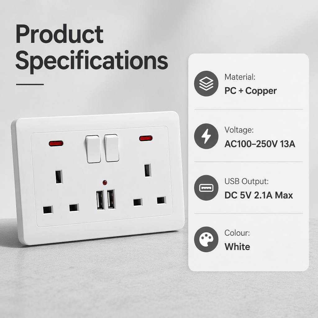Double Wall Plug Socket 2 Gang 13A W  2 Charger USB  Outlets Flat Plate UK