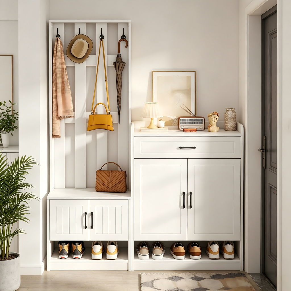 White Coat Rack Set 140.6 X 32 X 180 Cm, Hallway Coat Rack Panel   Shoe Cabinets, Matt, Hallway Furniture, Hallway Drying Stand, Hallway Coat Rack, Shoe Changer Set
