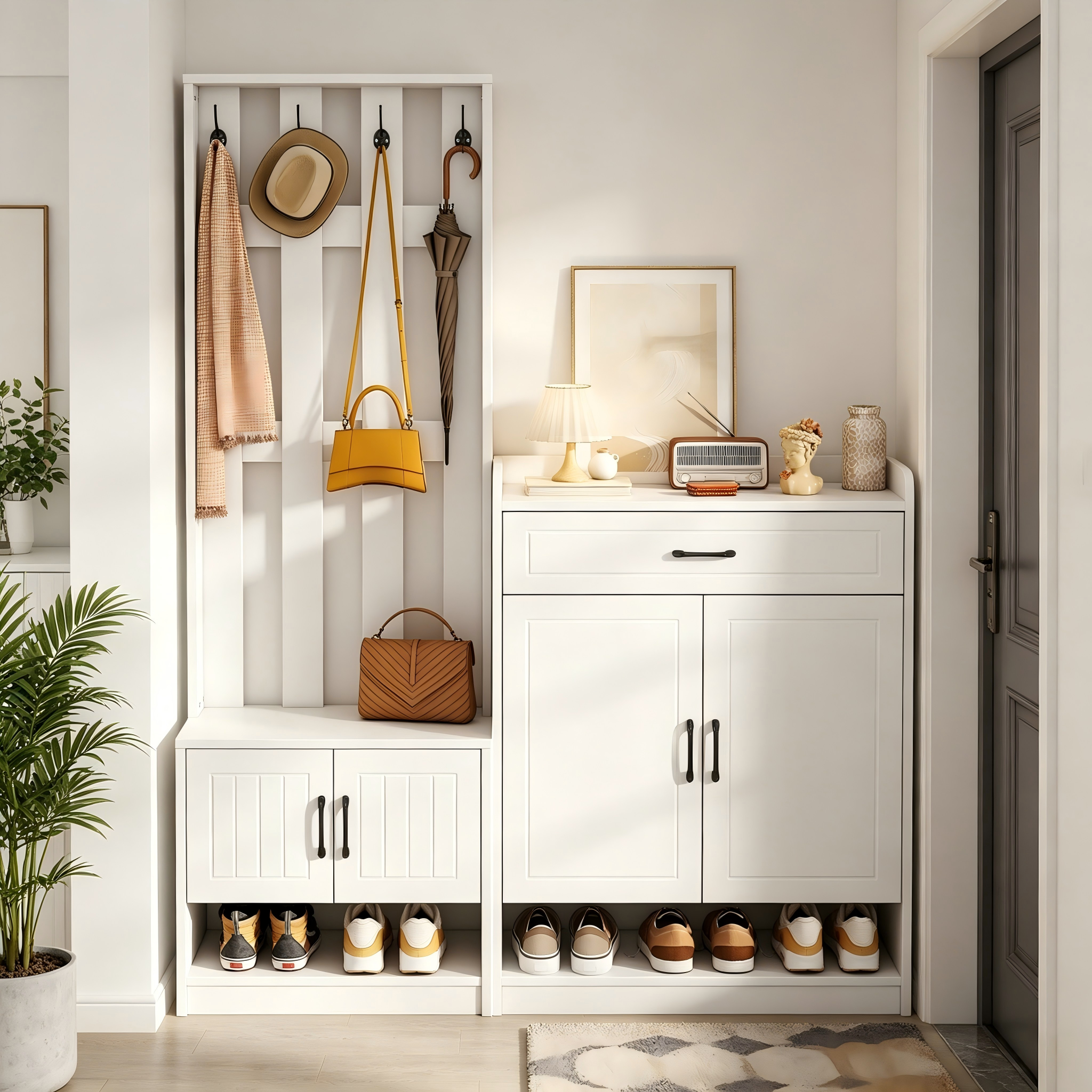 White Coat Rack Set 140.6 X 32 X 180 Cm, Hallway Coat Rack Panel   Shoe Cabinets, Matt, Hallway Furniture, Hallway Drying Stand, Hallway Coat Rack, Shoe Changer Set