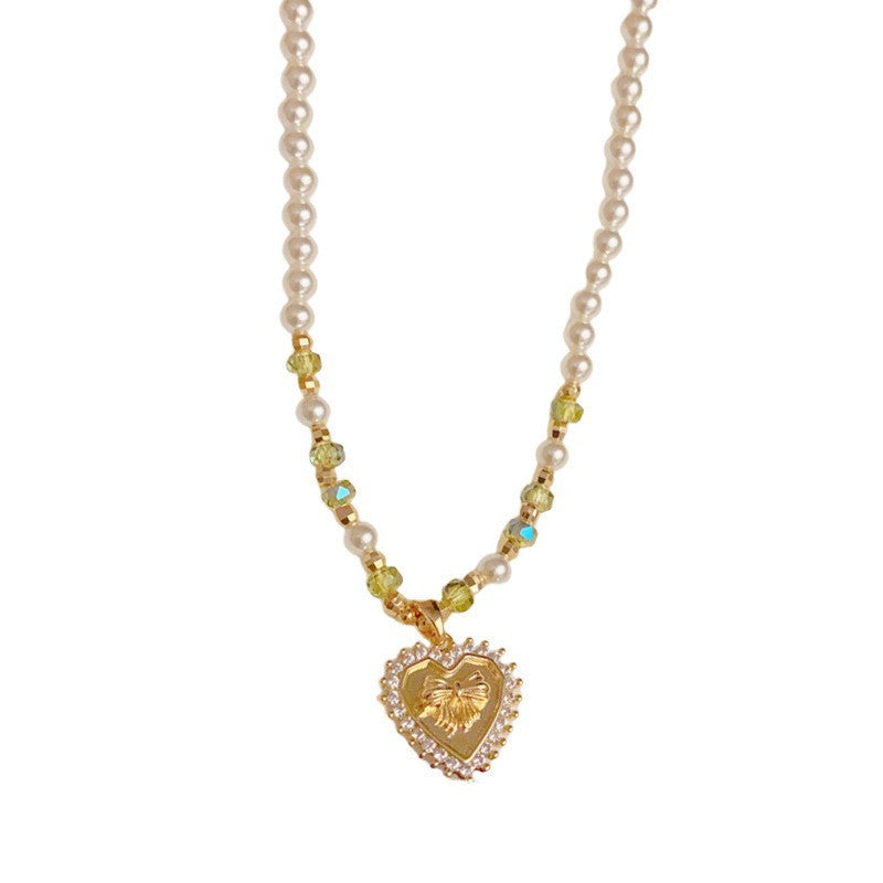 French-style Light-Luxury Zircon Metal Heart Pearl Necklace