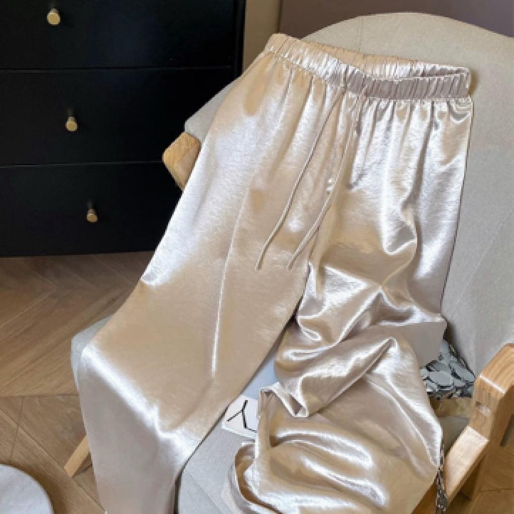 Summer-style Figure-flattering Versatile Acetate-satin Elastic High-waist Casual Pants