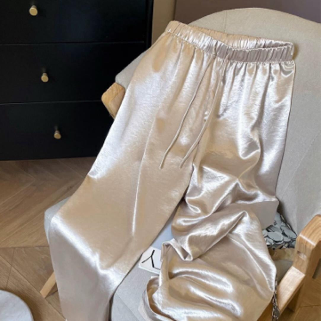 Summer-style Figure-flattering Versatile Acetate-satin Elastic High-waist Casual Pants