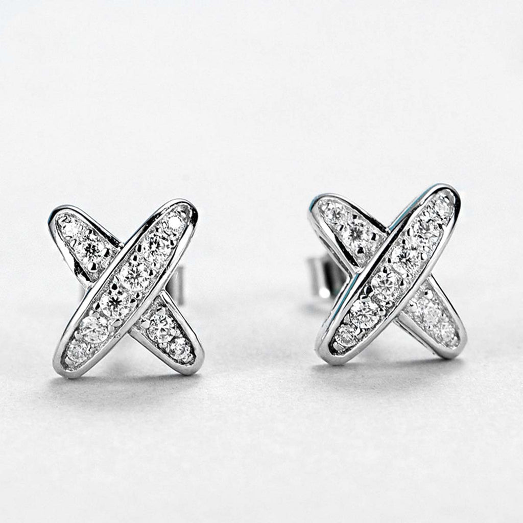 S925 Sterling Silver X-Shape Stud Earrings, D-VVS1 Moissanite Pave, Platinum Plated 1.5g Women's Jewelry Gift Box