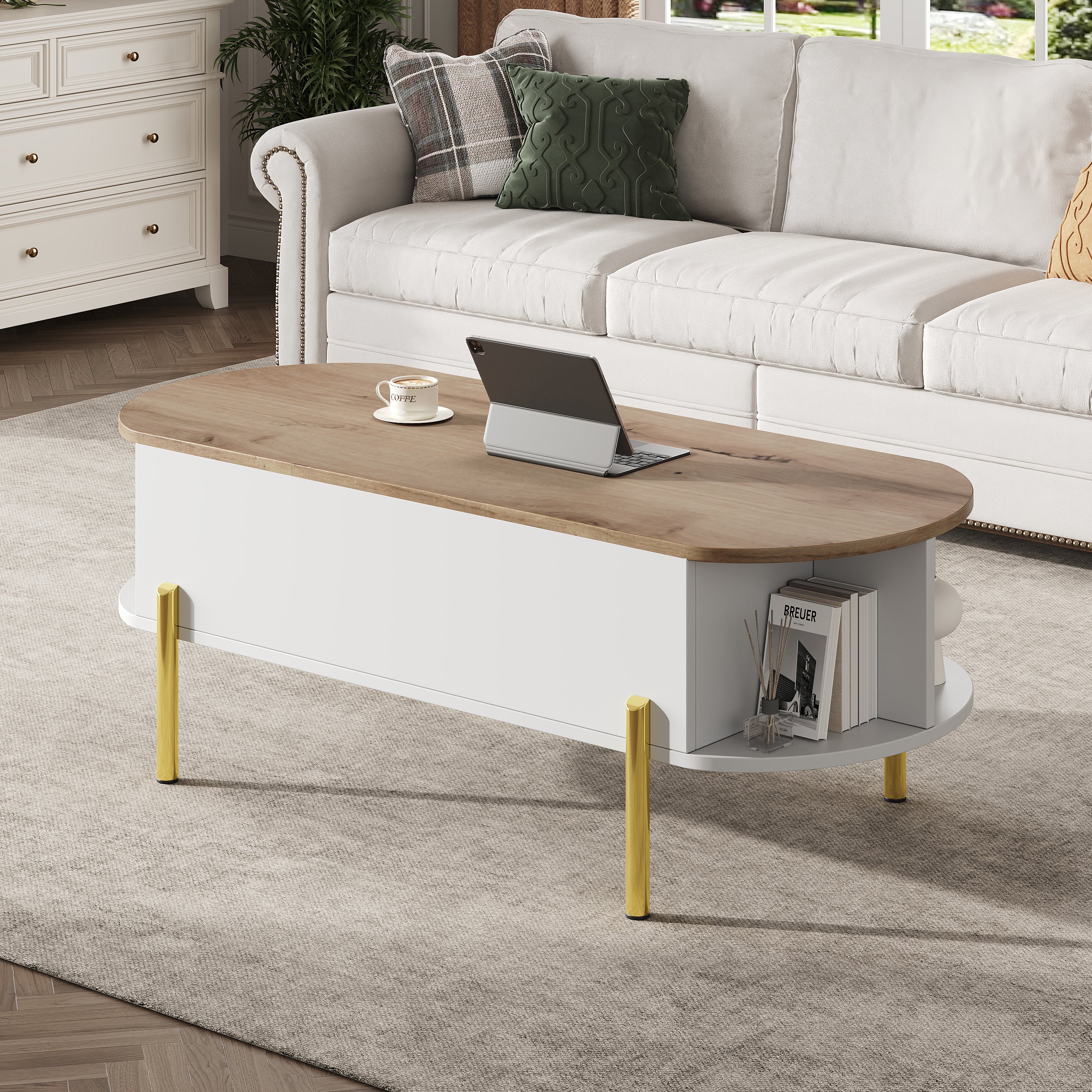 Coffee Table, Living Room Table, Coffee Table With Height-adjustable Top, Living Room Tables, Side Tables, Sofa Tables With Hidden Storage, Coffee Table With 7 Shelves, Wood Color  White