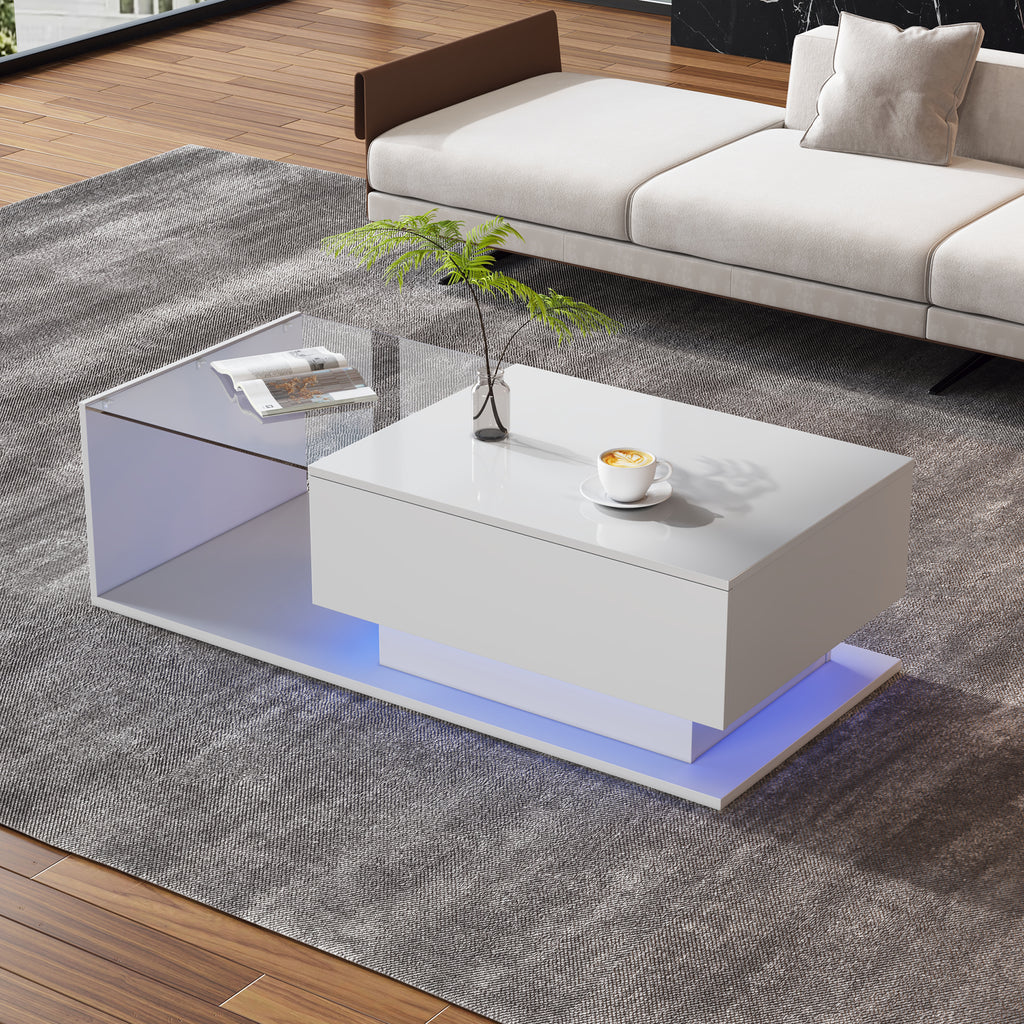 High Gloss White Coffee Table 100x50x32 Cm - With Glass Top And Drawers, Scratch-resistant, With 1 Drawer, With LED Lighting, Modern Style