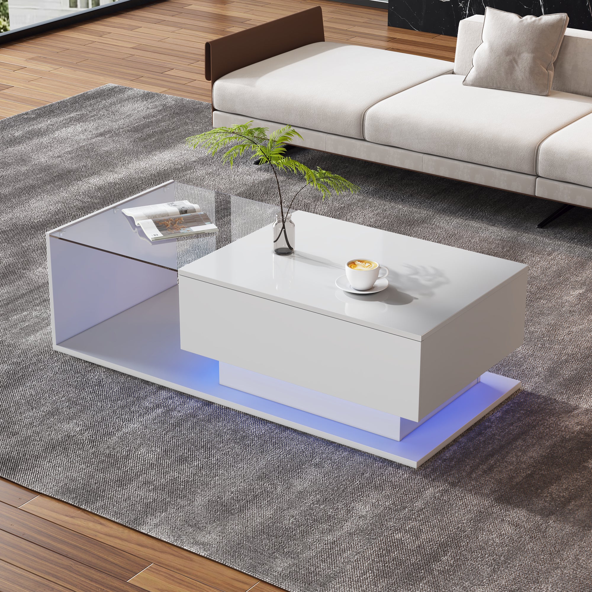 High Gloss White Coffee Table 100x50x32 Cm - With Glass Top And Drawers, Scratch-resistant, With 1 Drawer, With LED Lighting, Modern Style