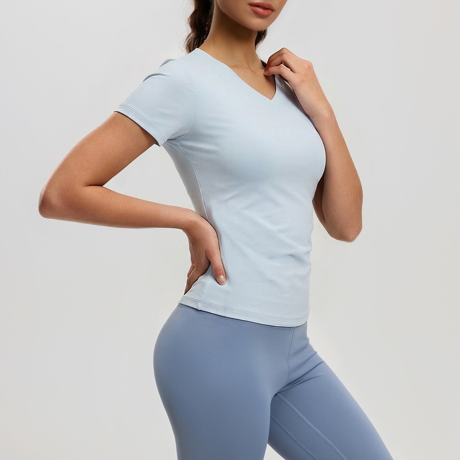 Peach-Color Basic V-Neck Short-Sleeve Sports Yoga Top For Women