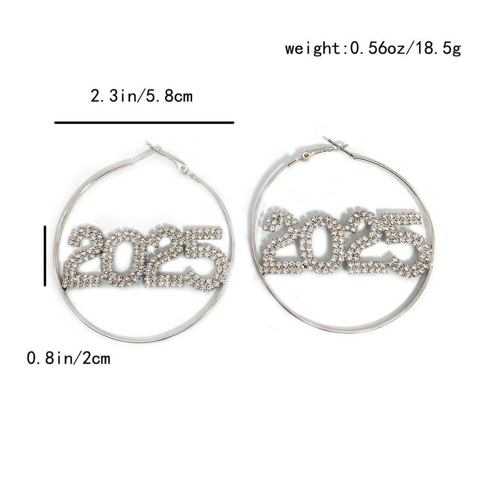 1 Pair Ring Earrings Fashion Full Rhinestone Digital Earrings Copper Material New Year Party Jewelry Accessories