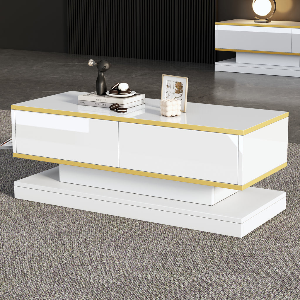 100X50X38cm High Gloss Coffee Table, Sofa Table With 2 Large Drawers, Unique Living Room Table, Warm White - Golden Edge Coffee Table, Side Table With Narrow Center And Wide Top And Bottom