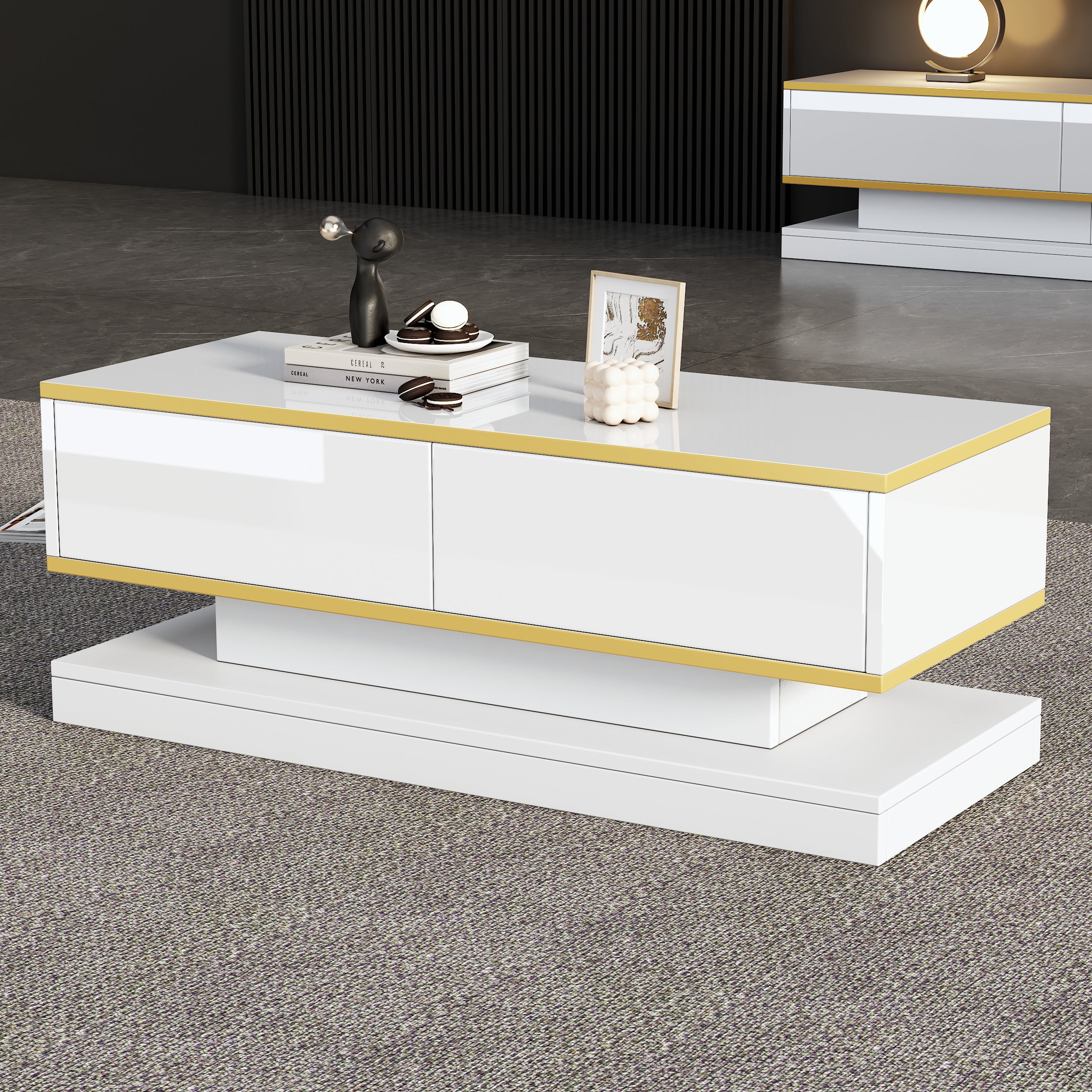 100X50X38cm High Gloss Coffee Table, Sofa Table With 2 Large Drawers, Unique Living Room Table, Warm White - Golden Edge Coffee Table, Side Table With Narrow Center And Wide Top And Bottom