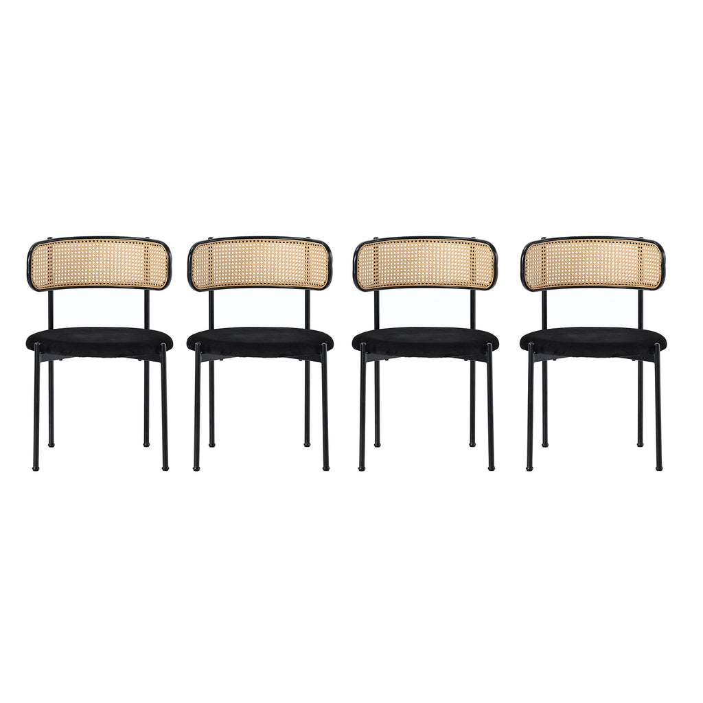 Velvet Dining Chair, Set Of 4, Modern Simple Leisure Chair With Four Metal Support Legs, Rattan Leisure Chair, Living Room And Bedroom Chair, Black