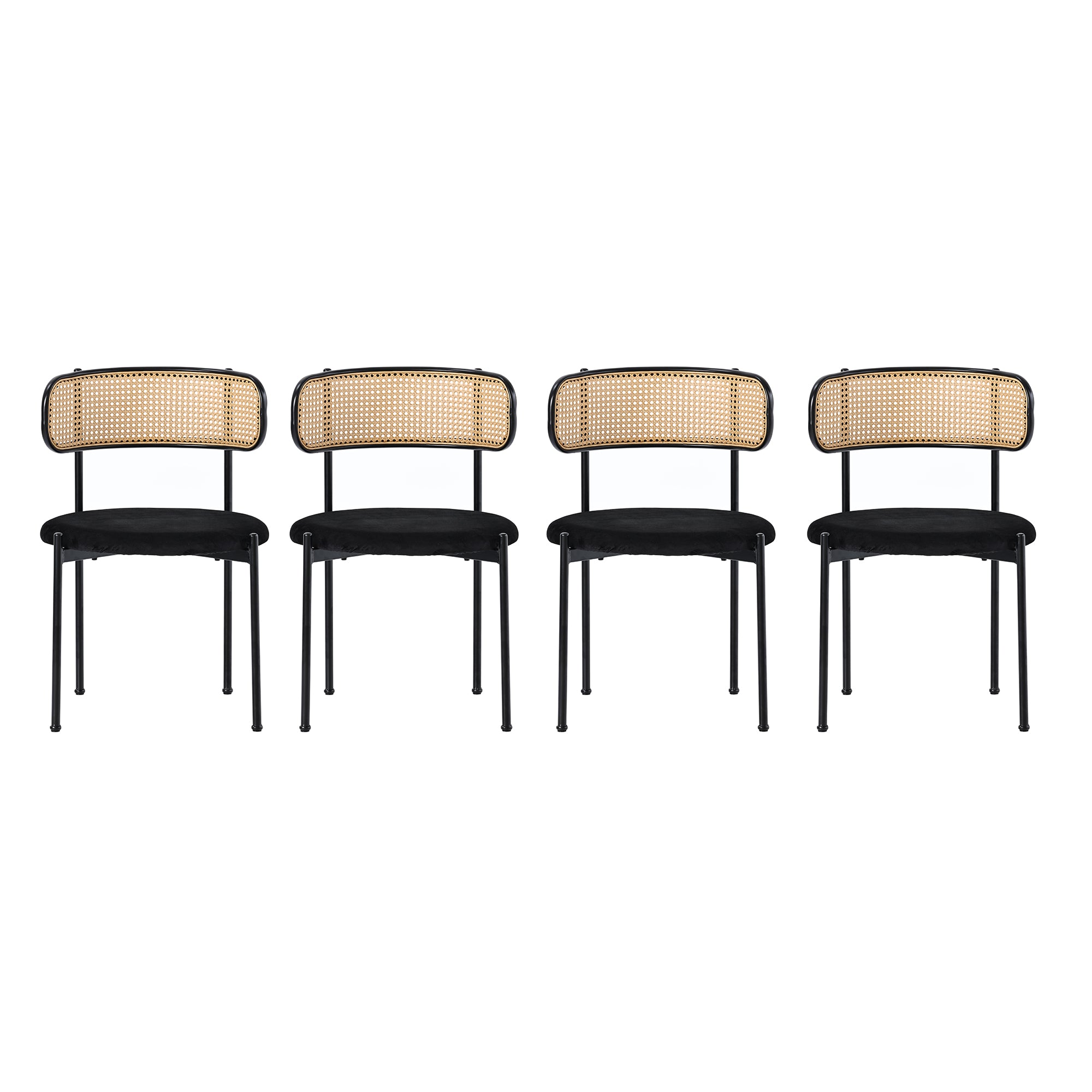 Velvet Dining Chair, Set Of 4, Modern Simple Leisure Chair With Four Metal Support Legs, Rattan Leisure Chair, Living Room And Bedroom Chair, Black