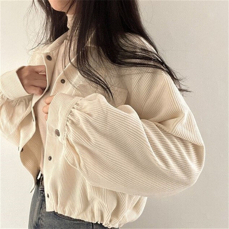 Notch-collar Cropped Drawstring Long-sleeve Shirt Corduroy Jacket