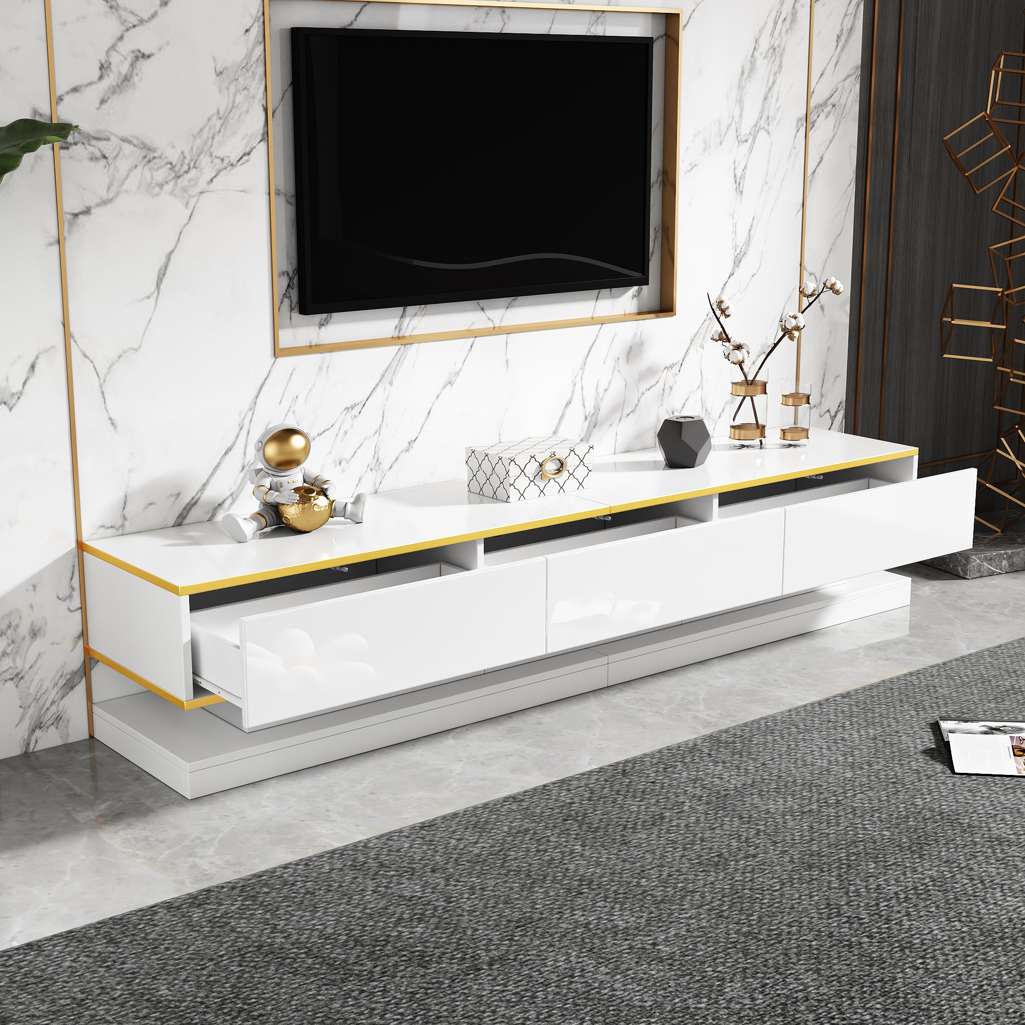 200x40x40cm TV Cabinet, Lowboard With 3 Drawers, High Gloss TV Stand, Living Room Cabinet With Large Storage Space, Warm White TV Table With Golden Edge, Floor Standing TV Cabinet