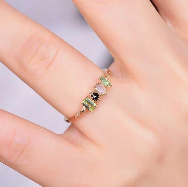 Personalized Round Rectangular Stone Minimalist Ring For December
