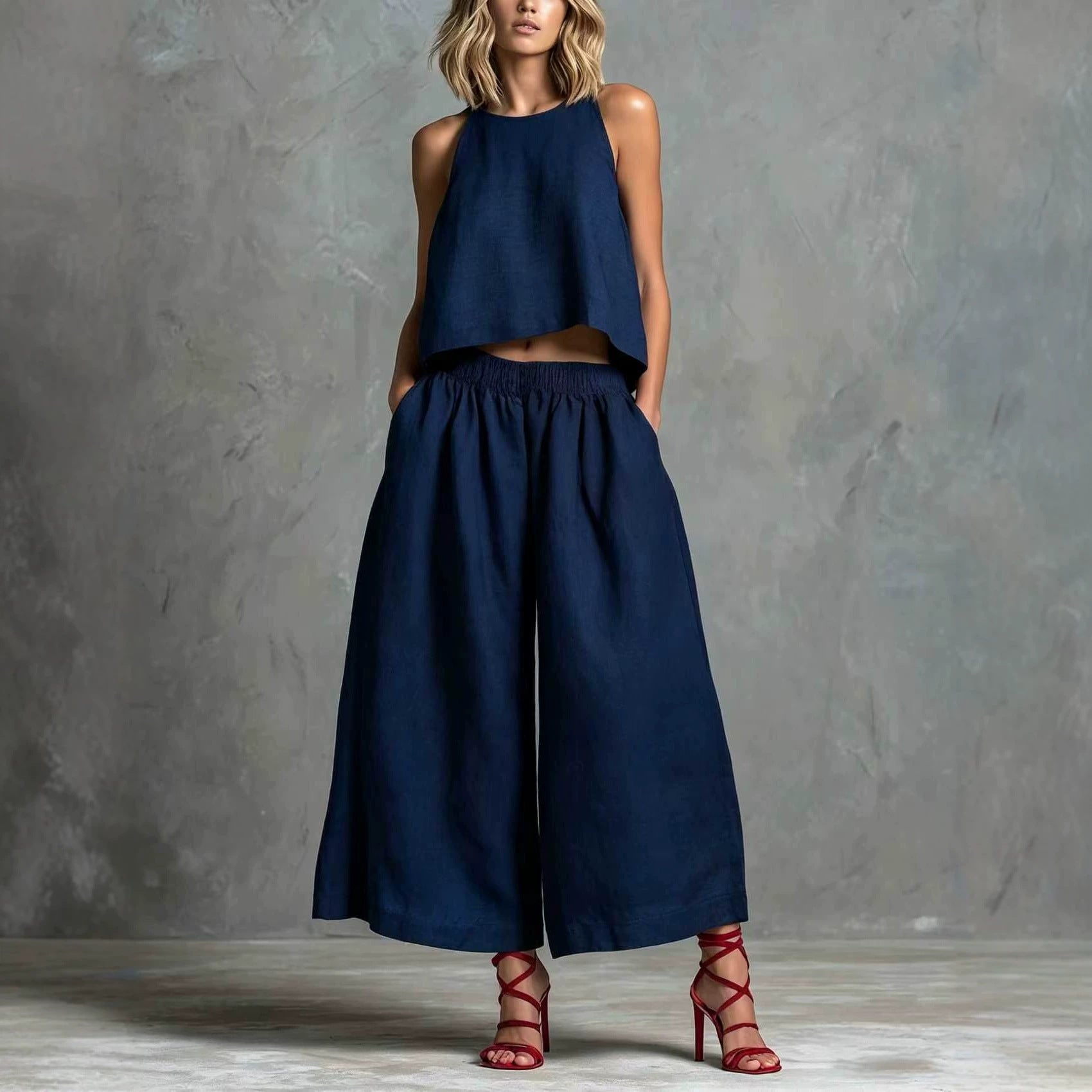 Loose Laid-back Linen Vest And Wide-leg Pants Set