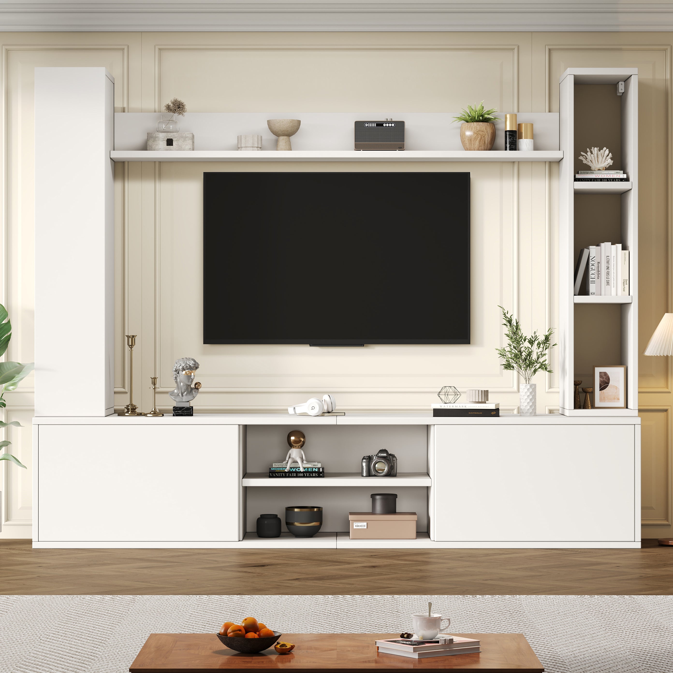 180x35x33.5cm TV Living Wall Set With Showcases Complete Set, 4-Piece,Media Wall Incl.TV Board, Stand Rack And 2 Wall Racks,TV Living Room Furniture Set,TV Wardrobe, Standing&Hanging,TV Up To 80,White