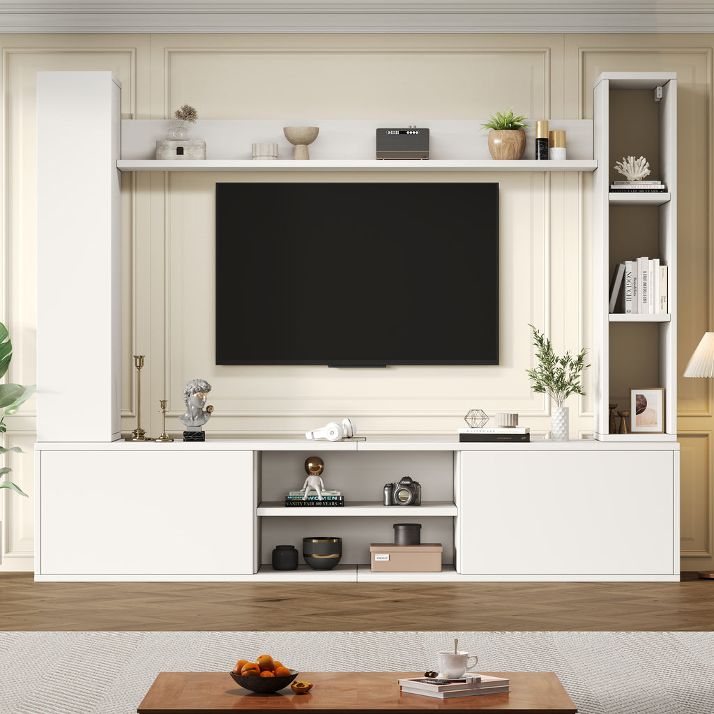 180x35x33.5cm TV Living Wall Set With Showcases Complete Set, 4-Piece,Media Wall Incl.TV Board, Stand Rack And 2 Wall Racks,TV Living Room Furniture Set,TV Wardrobe, Standing&Hanging,TV Up To 80,White