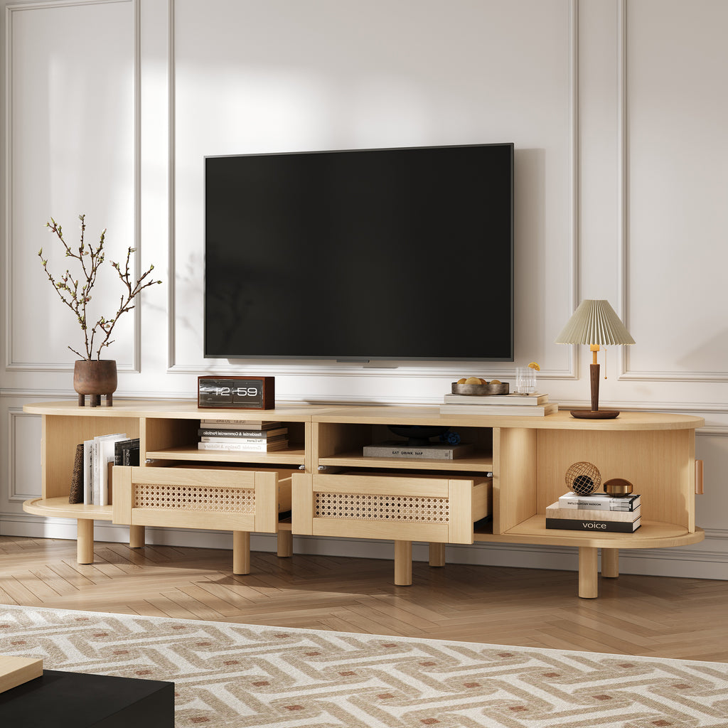 170x40x40cm Oval TV Stand And TV Stand,TV Cabinet With 2 Rattan Design Drawers,2 Sliding Door,Lowboard And TV Stand Up To 70 Inches,TV Board And TV Dresser,Wood Color