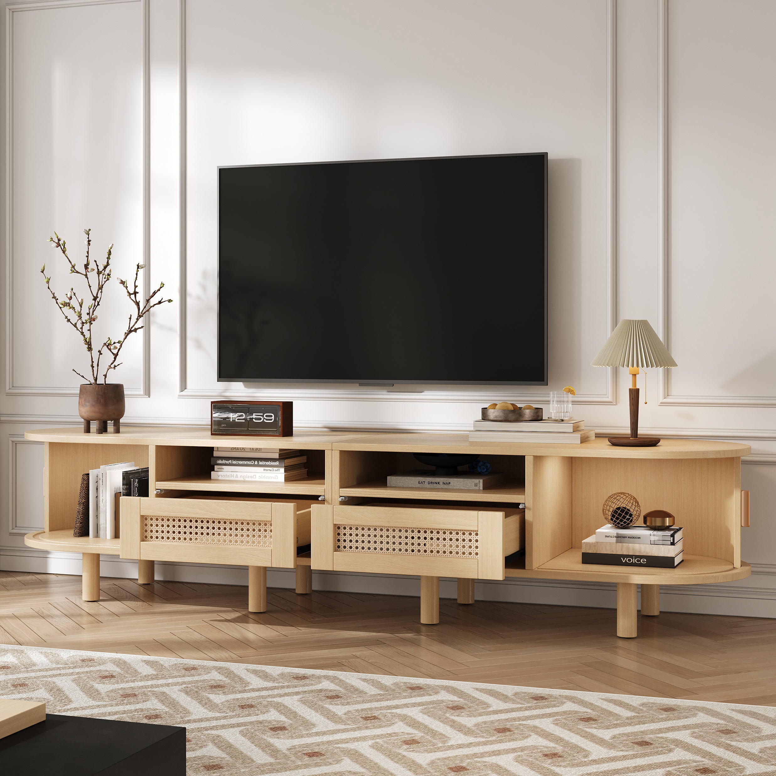170x40x40cm Oval TV Stand And TV Stand,TV Cabinet With 2 Rattan Design Drawers,2 Sliding Door,Lowboard And TV Stand Up To 70 Inches,TV Board And TV Dresser,Wood Color
